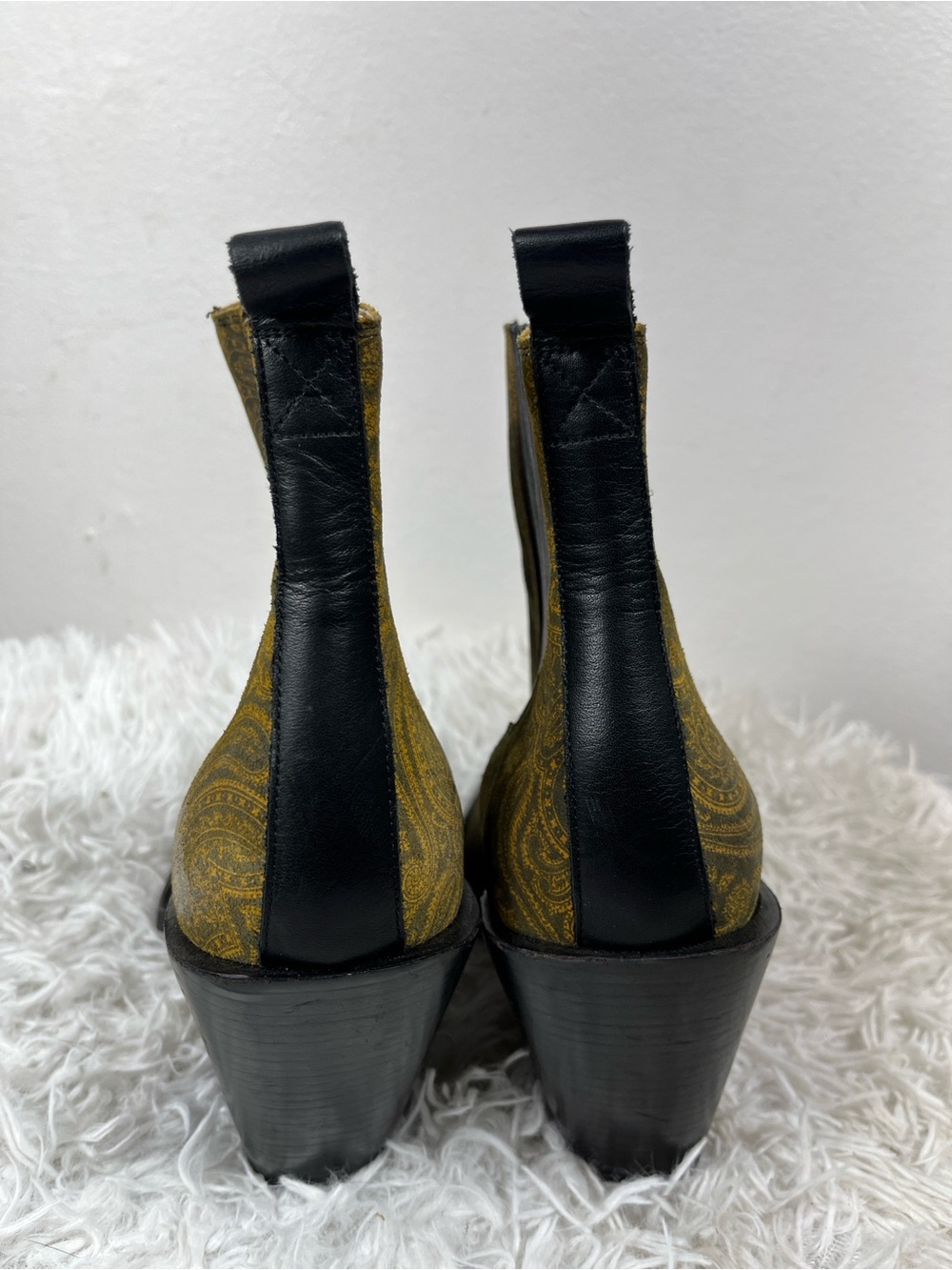 John Fluevog Yellow Paisley Diana Chelsea Booties with Black Trim - Picture 9 of 11